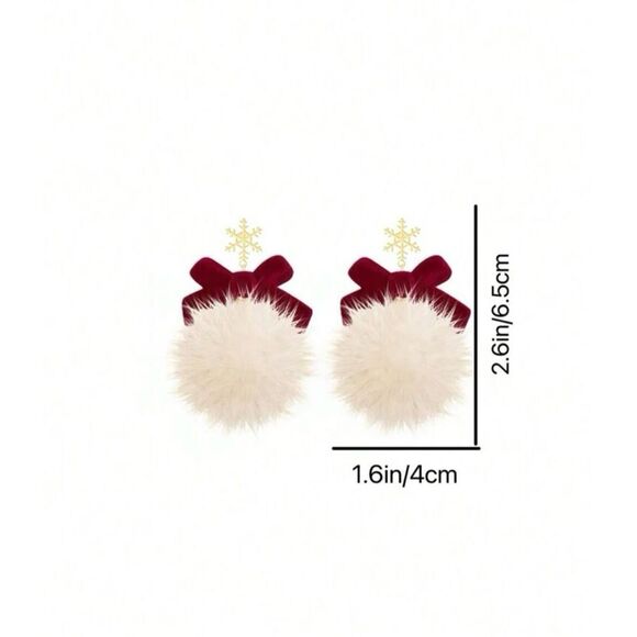 Holiday Christmas Vegan Fur Ball Red Bow Dangle Drop Earrings - Picture 6 of 8